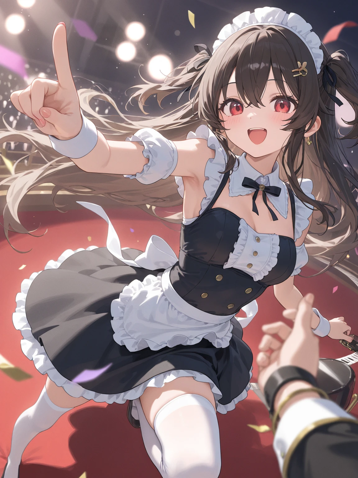 rin tohsaka, rin tohsaka, Aqua Eye, Black Hair, ヘアribbon, Long Hair, ribbon, (Side Lock:1.3), (Black knee socks:1.3), Looking at the audience, break (Tabletop:1.2), highest quality, High resolution, Unity 8K Wallpaper, (figure:0.8), (Beautiful fine details:1.6), Highly detailed face, Perfect lighting, Highly detailed CG, (Perfect hands, Perfect Anatomy),、apron, dress, Frills, Maid, Maidapron, Maidの頭飾り, 短いdress, solo, Black knee socks, Shawl Uniform,、Open mouth and mischievous smile、Standing stairs:1.2),ass, kneehighs, looking back,(pantyshot:1.1), pleated skirt, white panties,running,(from below:1.1),I'm not wearing pants、Nsfw,pussy