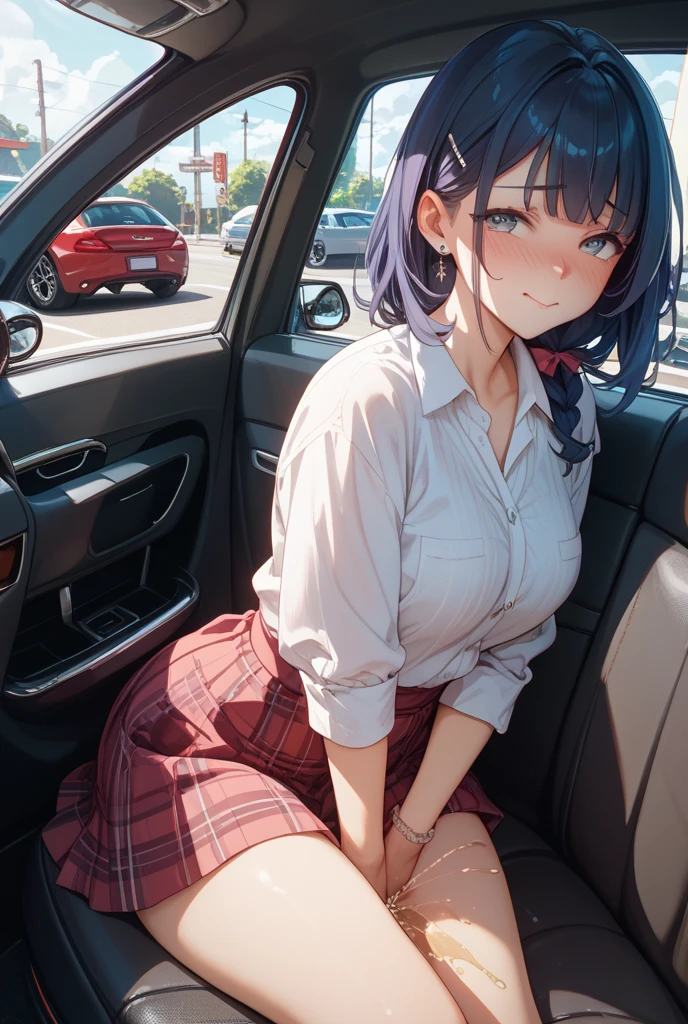 seats in school、young girls、Secretly masturbation、Squirting、convulsion、Spread legs wide、leaning back, crotch forward toward camera、feels good、agitation、Intense masturbation、transparent white panties、open blouse revealing breasts, touch breast, hand reaching in panties, solo sex act、ecstacy expression, eyes closed, 3 girls sitting around, girls watching