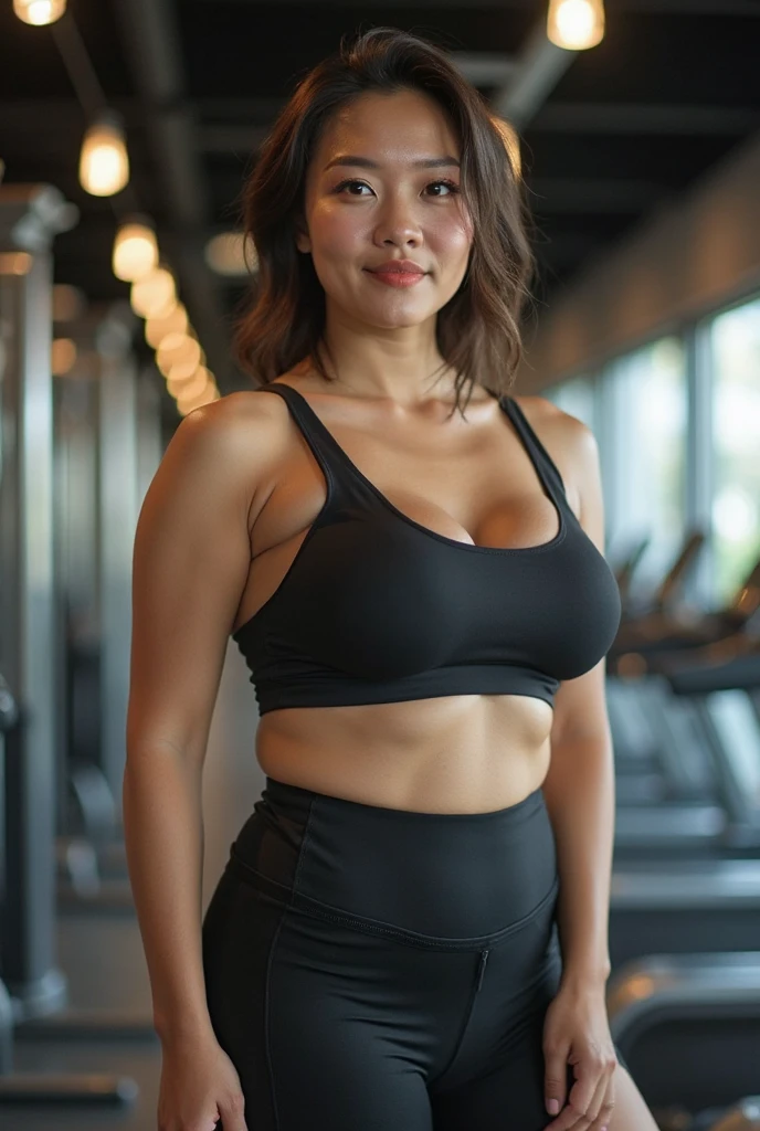 Masterpiece,best quality,Very detailed,A middle aged Thai female, gorgeous, thick figure, curvy, wears a tight red tank top with lights surrounding it.
