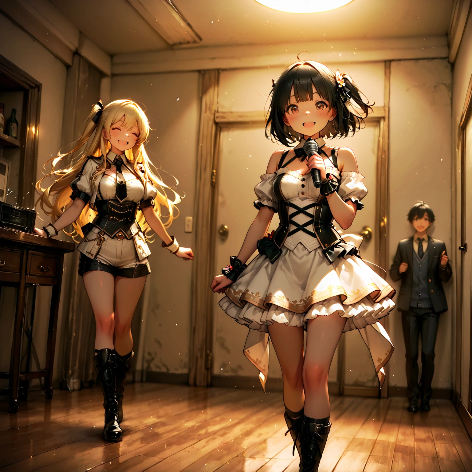 (((masterpiece, highest quality, High resolution, 超High resolution, Perfect Pixel, Depth of written boundary, 4K, RTTX 10.0, High resolution))), (Three adult women:1.3), Beautiful Anime Woman, Beautiful art style, Anime characters, ((Long Hair, bangs, Dark brown hair, Various hairstyles, ponytail, Twin tails)), ((Beautiful eyelashes)), ((Detailed face, blushする:1.2)), ((Smooth texture, Realistic texture, Anime CG Style)), Perfect body, (Slender body:1.3), Beautiful and big breasts, Exact finger count、Exact number of legs、Exact number of arms, (blush:1), (The three women are standing side by side, lifting their skirts:1.8), (Maid Headband, Fashionable white shirt, Sailor collar, (garter belt:1.2), (Black knee socks:1.4), High heels, Pleated mini skirt:1.4), Realistic, highest quality, High resolution, 非常にDetailed face, Perfect lighting, Extremely detailed CG, (Perfect hands, Perfect Anatomy), Embarrassed expression, (Outdoor Stage, Live Performance Venues, On Stage, Audience in the background, Spectators in the foreground:1.5), Stage lighting, whole body, ((Stylish shiny satin panties, Stylish lace side-tie panties, Black Trim, White panties, Panties with gorgeous embellishments:1.3)), Angle from the front、(Beautiful and thin thighs:1.3), Feeling embarrassed, (Sing on a mic stand:1.7)
