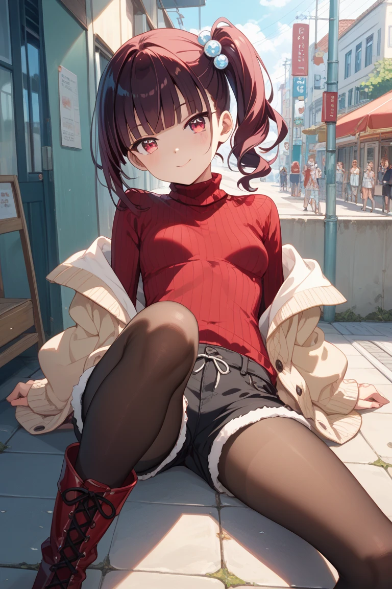 A woman wearing Japanese school clothes, black tights and white sneakers