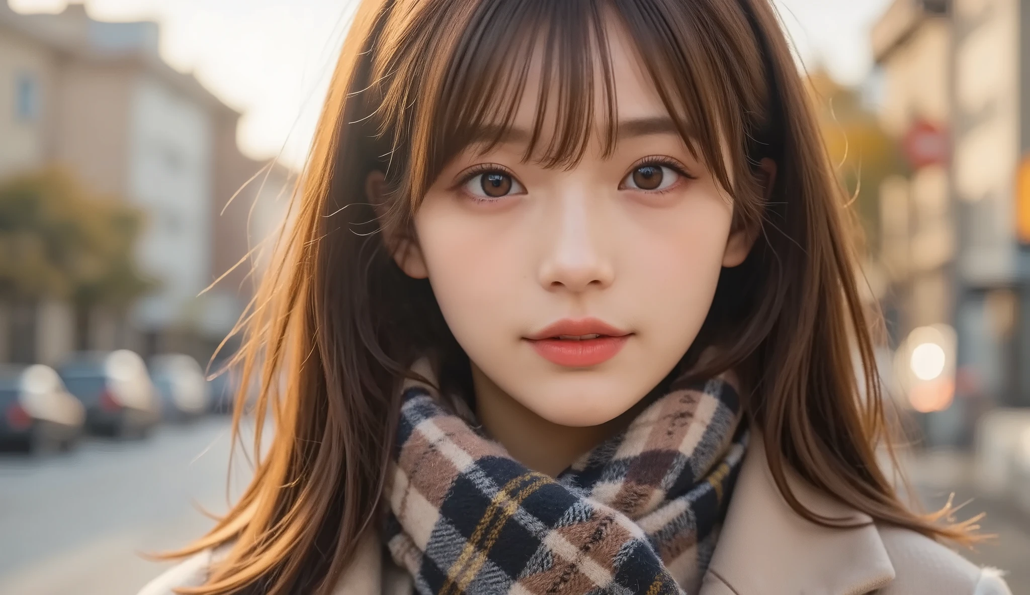 (masterpiece),(Top Quality:1.2), 1 girl,(The masseter part:1.3),  post-apocalyptic environment  , Highest quality 8K resolution, super detailed, Realistic, bright color, Soft tone,  warm, Gentle Writing ,( beautiful plaid scarf:1.3)(long brown coat:1.2) evening ,Big Sunset,( Smooth,  straight blonde hair  :1.2),(Hair Split in the Middle:1.3),(shiny hair),( dark blue eyes:1.3), white skin, Hands Inviting Hair Clip,watch, full of gentle and soft emotions ,(The promenade is full of flowers),sunlight, Warm Golden Glow ,Happiness and Smiles, 非常に詳細な描写と bright colorにこだわる . Style Combining Romanticism and Realism 、Depth of Love, color palettes , and the lighting is soft and diffused, in a style that combines romance and realism、Gentle Light , この作品はmasterpieceです ,Seductive Smile。