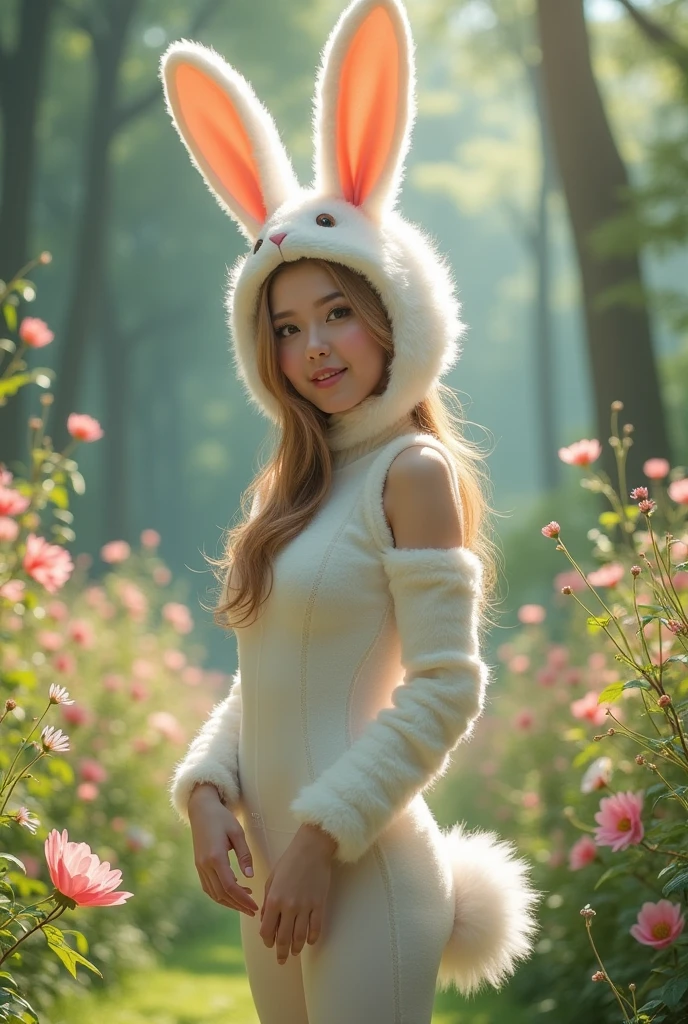 (8K、Raw photography、top-quality、​masterpiece:1.2)、(realisitic、Photorealsitic:1.37)、top-quality、超A high resolution、light  leaks、Dynamic lighting、Slim and smooth skin、breastsout、bunnygirl、in woods、cleavage of the breast、cparted lips、s lips、 depth of fields