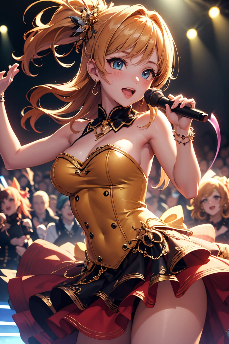 (8k, Ultra-high resolution, The best masterpiece, best quality:1.2), Very detailed, Complete Solution, (actual, actual photo: 1.37), focus on eyes, HD RAW photos, career arrest, High quality and beautiful, 超高清 8k 影像照片, confess, Professional photography, Very detailed的美麗女孩, Super delicate face shape, Contoured eyes, (Very detailed eyes), Precisely shaped nose, expressive lips, Delicate skin, (HD Skin:1.2), Neatly contoured fingers, Every feature is carefully displayed, (25:1.2), Twenty generations, cute girl, Beautiful mature lady, solo, k-pop artist, Very beautiful Korean singing idol, (Sing:1.2) (Dynamic dance performance poses:1.2), Vibrant look, (Creative colorful idol skirt:1.2), shiny decoration, top idol, Dynamic long hair, sparkling amber eyes, red lips, Heavy makeup, Big breasts, (Hold the microphone), one hand raised, Sensual dance, powerful dance, (music stage) Indoors, large concert, (neon lights:1.3), stage spotlight, (Colored spotlight), swirl pattern, (audience:1.2), (A group of energetic and passionate fans:1.4), perfect anatomy, Detailed background, HD Background, , (Volumetric lighting, Dynamic lighting:1.2), actual, stunning details, 8k Ultra HD, high quality, CG unity, C4D Rendering, 3D Rendering