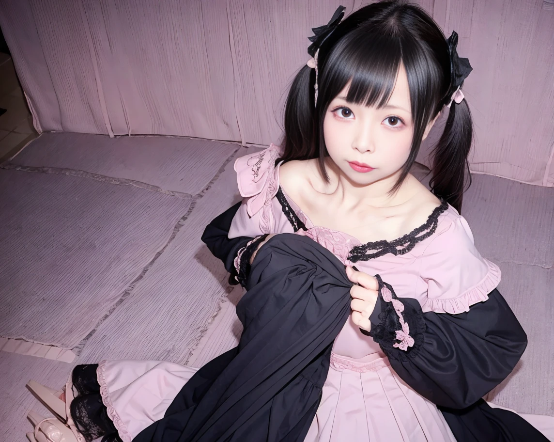 There is a woman sitting on the ground with a flower in her hand, in dress, chiho, black hime cropped fur, , shikami, ulzzang, the hime cut, Sui Ishida with black hair, motto hole, with black pigtails, Narumi Kakinouchi
