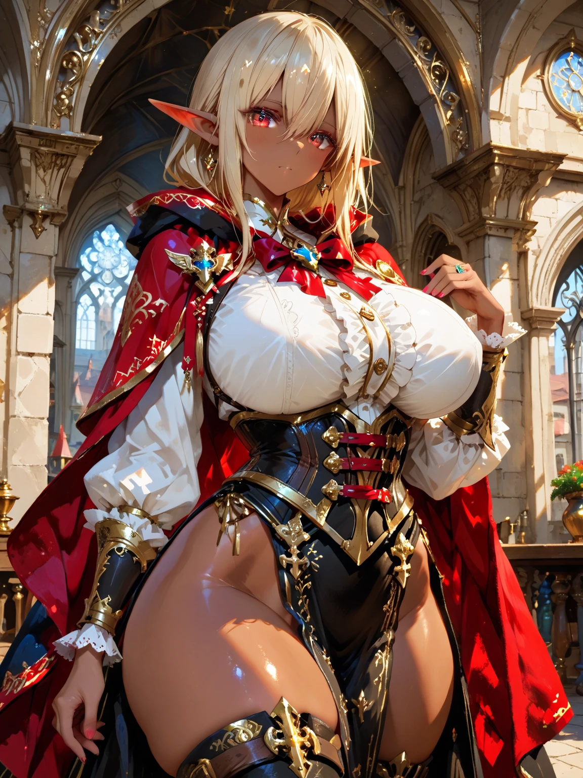 (masterpiece, Highest quality), Intricate details, One girl, Age 25,Mature Woman,Queen, Blonde, blue eyes, Crown, Shadowed face, Look down, From below, Wicked Smile, anger, armor, cross, Scapula, skull, Cowboy Shot, Pelvic Curtain, Huge  ((Very accurate and detailed)) ((High resolution),Red micro panties,nsfw,