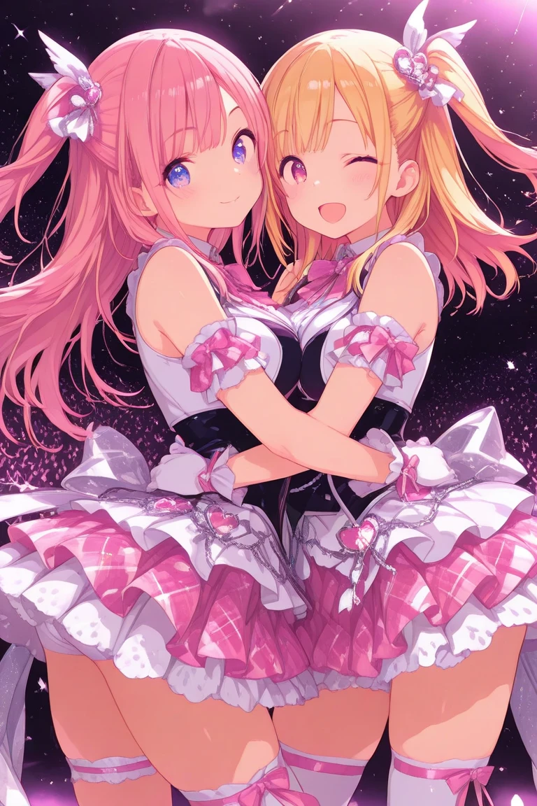 Two girls,Twin-tailed,Chest to chest,hug,Heterochromia,magical girl costume,evil smile,White background,Top image quality,Best Quality