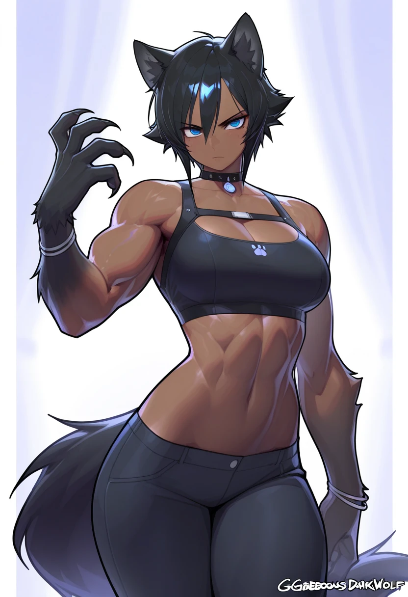 tomboy, fighter, toned, abs, muscular, tanned, black long free hair, yellow eyes, glowing eyes, black tribal tattoo, sharp tooth smilling, sharp black nail