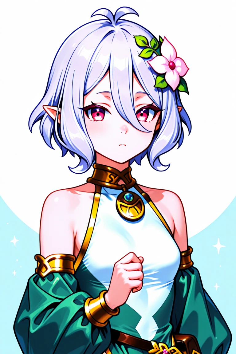 best quality,masterpiece,realistic,
kokkoro,short hair,white hair,hair ornament,hair between eyes,bare shoulders,small breasts,detached sleeves,sleeveless,puffy sleeves,white dress,sleeveless dress,antenna hair,green dress,see-through sleeves,green sleeves,
