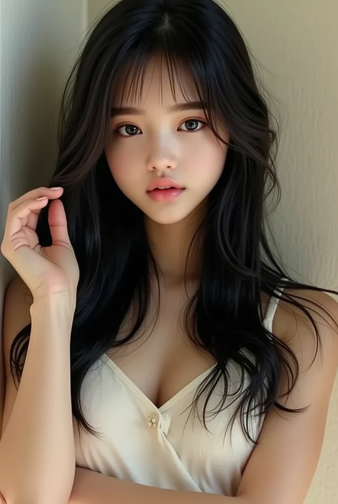(top-quality:0.8)、(top-quality:0.8)、perfect anime illustration、Extreme closeup portrait of beautiful woman with flat breasts in white underwear relaxing in bedroom