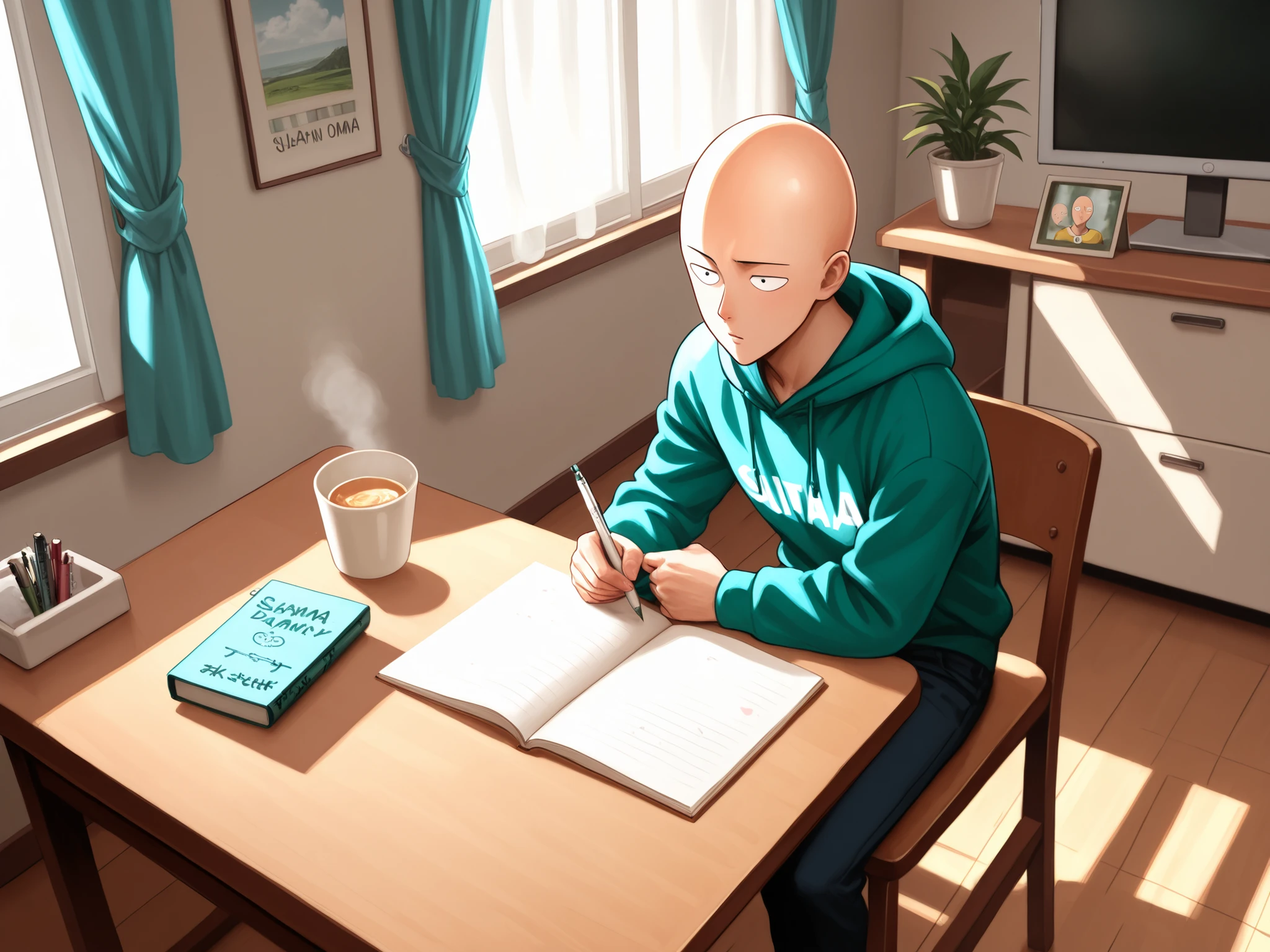 Ghibli-style morning routine of the character Saitama from One punch man, wearing a hoodie with trousers, writing in a diary sitting on a chair infront of a study table in his near and clean room at home. Masterpiece, 8K quality