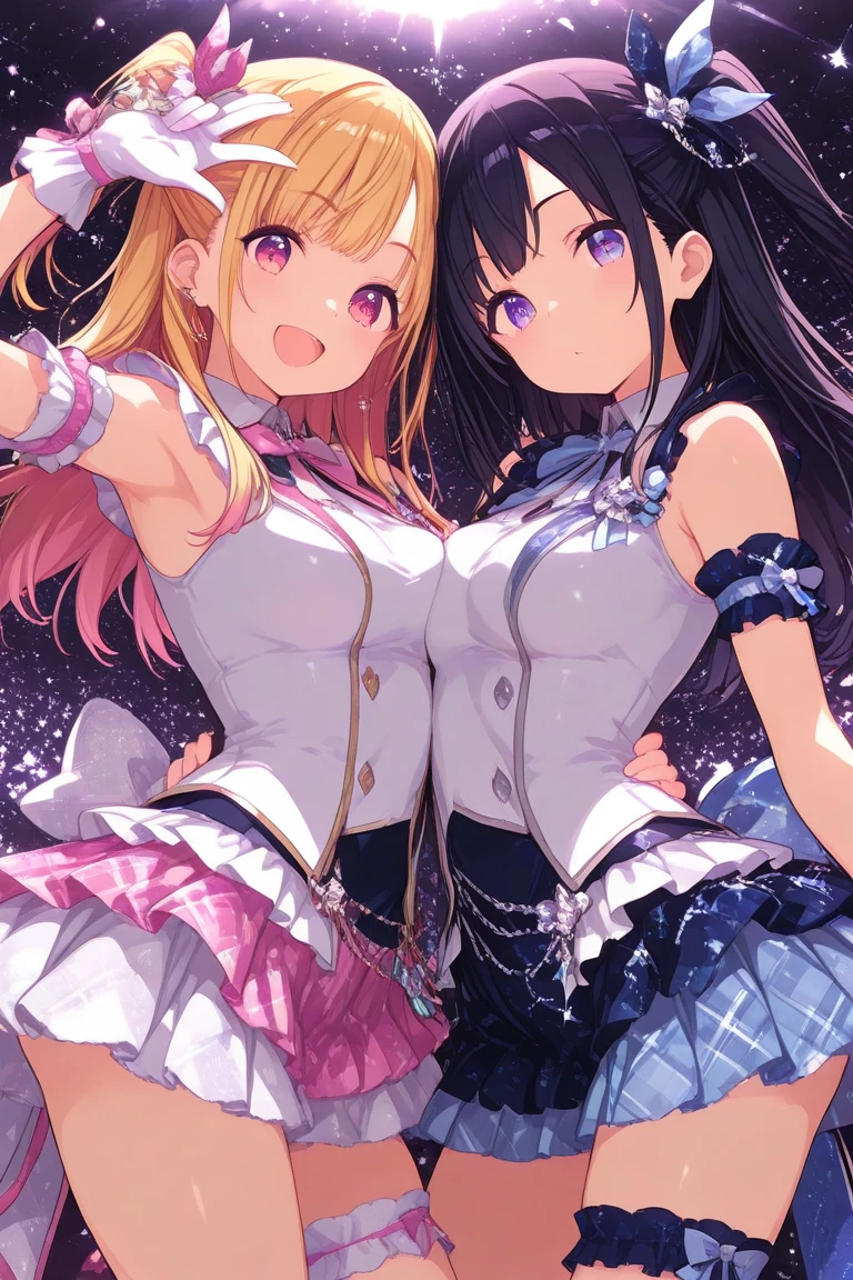 two girls singing a duet, ((2girls:1.3)), ((moe style:1.3)), ((idol outfit:1.3)), microphone, dancing, singing, cuddling, ((large breasts:1.3)), ((centerfold:1.3)), ((extremely feminine:1.3)), perfect hands, ((perfect face)), ((extremely cute:1.3)), ((masterpiece)), ((8k)), ((best quality)), ((beautiful)), ((extremely detailed:1.3)) , ((absurdres)), AddXL, ((score_9:1.3)), ((score_8_up:1.3)), ((score_7_up:1.3)),