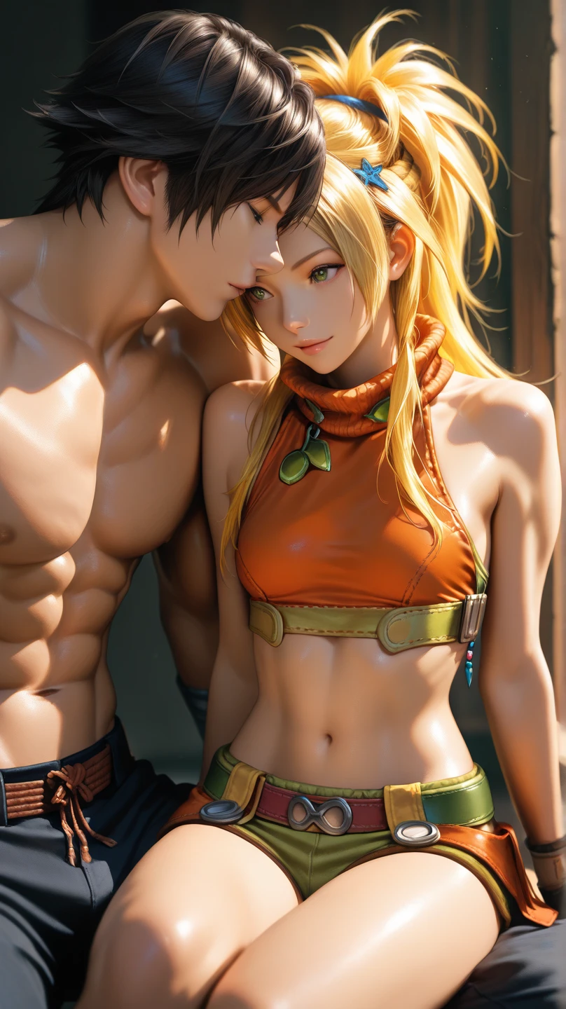 Title: "Eron and Kinha: The Dance of Union" Description: Eron and Kinha, the protagonists of an epic story full of adventure, love and overcoming, are ready to come to life in an incredible conceptual image. This art represents the unique and powerful essence of these characters, capturing the harmony between Eron's athletic strength and Kinha's intense energy. The image should convey their passion for dance, combined with their ninja powers and the love that unites them. Image details:

Eron: An athletic, brown-skinned young man with shaved black hair and dark brown eyes. His body has defined muscles, and he has a monkey tail with black, shiny, soft hair. Eron is to be pictured wearing baggy, shirtless pants, with a confident expression on his face. His ninja skills should be evidenced, highlighting his defensive posture, ready to protect his allies. Kinha: A young woman of short stature, thin but athletic, with blonde hair and yellow eyes. She has a long, golden monkey tail, and a pet golden lion tamarin. Kinha should be represented with a determined and powerful expression, demonstrating her grumpy personality and quiet courage. Your pose should emphasize your agility and dexterity, showing your mastery of ninja skills. Dance and music: The image should capture the movement of the dance, with Eron and Kinha performing fluid and powerful movements. Elements of rap, hip hop and break dancing must be incorporated, conveying the essence of the urban culture that inspires them. The surrounding environment can be stylized with graffiti, vibrant lights and details that refer to the periphery and the hidden magical world. Atmosphere: The image should convey a sense of energy and emotion, combined with a magical and epic atmosphere. The use of vivid, contrasting colors can help highlight the strength and personality of the characters, while elements of celestial light or magic can add a touch of magic and mystery. --Au