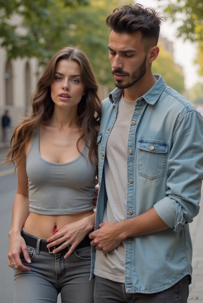 photography of 20 year old woman, perfect face, masterpiece, bra, underwear, black_bra, jacket, black_pants, in nature, with a 25 year old man, holding her hand