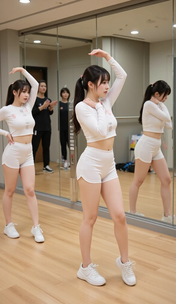 Young, elementary school student, black hair, pigtails, flat , gym clothes, no panties, , smiling, small ,  visible