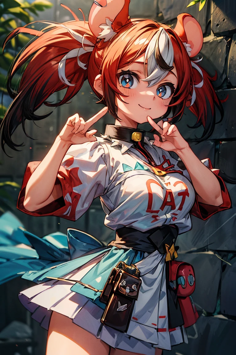 ((masterpiece)), ((Masterpiece)), (Anime:1.3), ((best quality)), (RAW photo: 1.2), (High Definition:1.3), (Professional Photography:1.2), ((HakosBaelz)),1 girl, (Beautiful eyes), twintails, Bright smile, (happy pose), (slightly exposed medium breast:1.4), Colorful hair, Big eyes, (BaelzBase), (tubetop), (detached sleeve), spiked collar, BREAK, ((Masterpiece)), ((best quality)), (against the block wall:1.3),