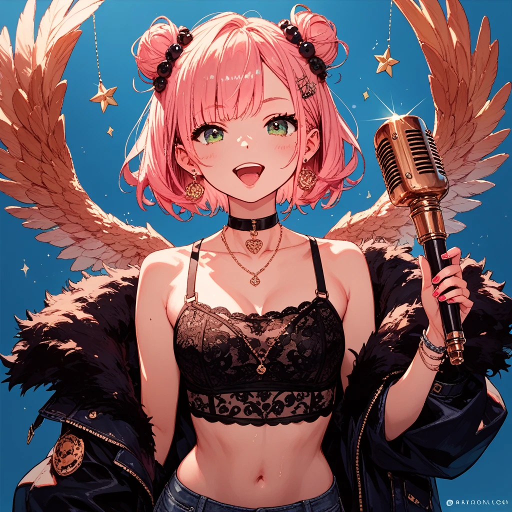Anime illustration style,a beauty girl,demonic horns,Devil's wings on the back,(full bodyesbian),((Draw to the tips of your feet))、Standing,((hi-school girl)),校服,pleatedskirt,preppy style,((Short Bob))(,short-cut),A little bit of sagging eyes,High skin exposure,Pink hair,(The color of the eyes is green),Eye color is emerald green,The navel is visible,Navel Ejection,There is a hole where you can see the cleavage、(((Idol costumes))),(((Singing a song))),is singing,((Have a hand microphone)),The background is a live stage,a smile,sano,celebrities