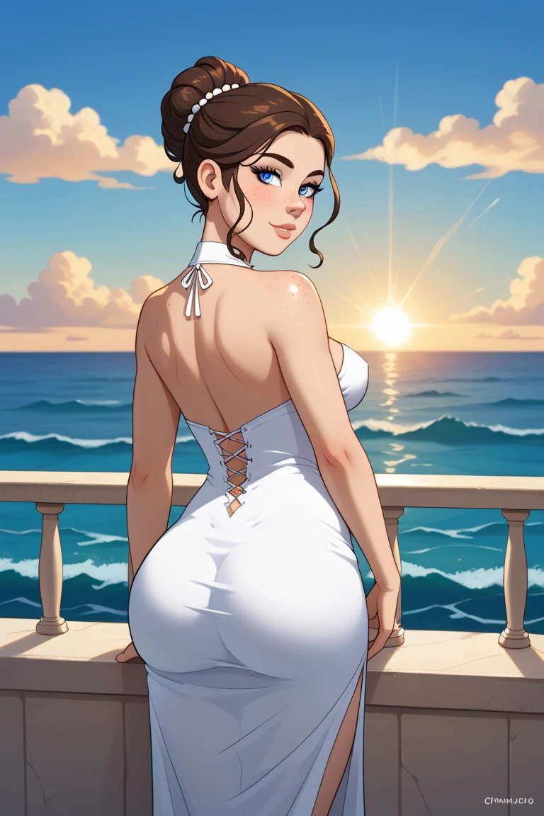 I. Attire: Elegant, sophisticated, open-back dress, lace, sheer details, maxi dress with a low back, statement accessories like a statement necklace, earrings, strappy sandals.
IV. Position: Standing against the railing, enjoying overlooking the view, posing for photos with the stunning backdrop, taking in the breathtaking scenery,  BREAK, looking at viewer, masterpiece, best quality, highly detailed, desire, blush, (Beautiful and detailed eyes description), (beautiful and detailed face), Perfect female body, (Best Quality), (ultra-detailliert), (masuter piece), (hight resolution), (Original), (the Extremely Detailed CG Unity 8K Wallpapers)
