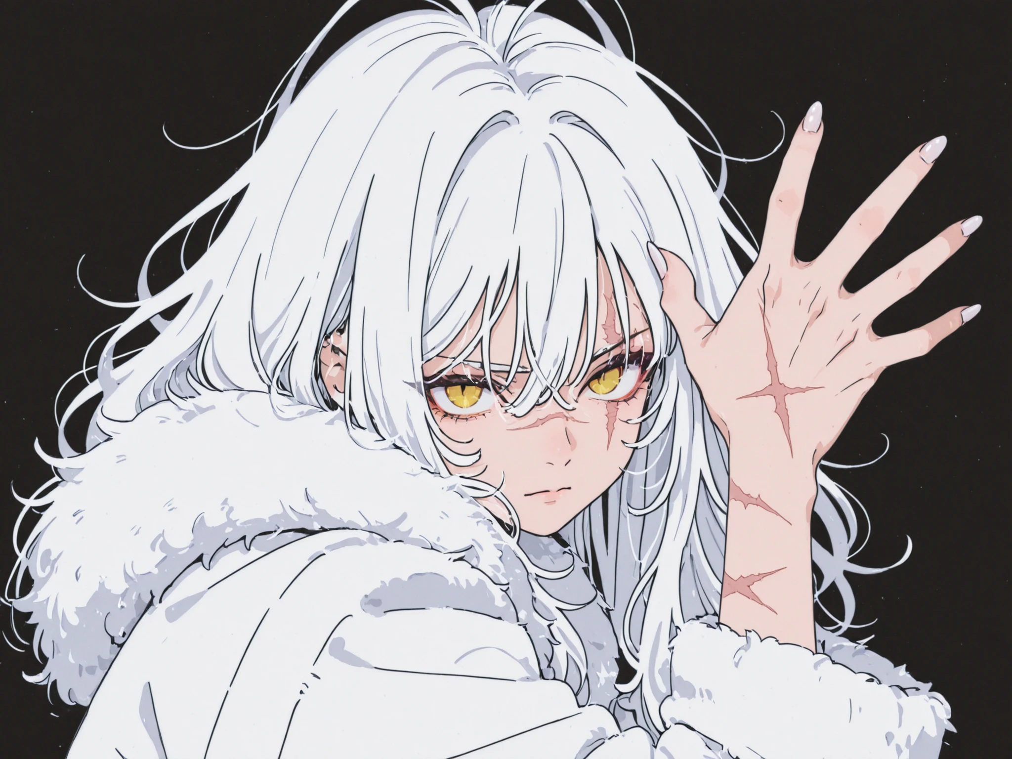 black and white long messy hair, yellow eyes, scar on left eye, dynamic pose, fierce look, transparent hair, fur coat, black and white palette, long nails