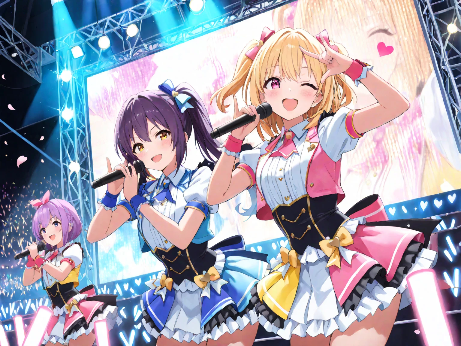 ((masterpiece、Highest quality、Official Art))、snap shot、Idol Concert、Concert Stage、(3人のcute naked girls、12 years old、smile、sing、dance、Ribbon headband、Ultra mini skirt:1.2、Idol Costumes:1.3 )、Exposing the breasts、Hair of different colorr.々Hair style、(((Full nudity、Pussy、cute)))、(Sweat a lot、Glowing Skin)、Anime key visual, ((The characters are unique))