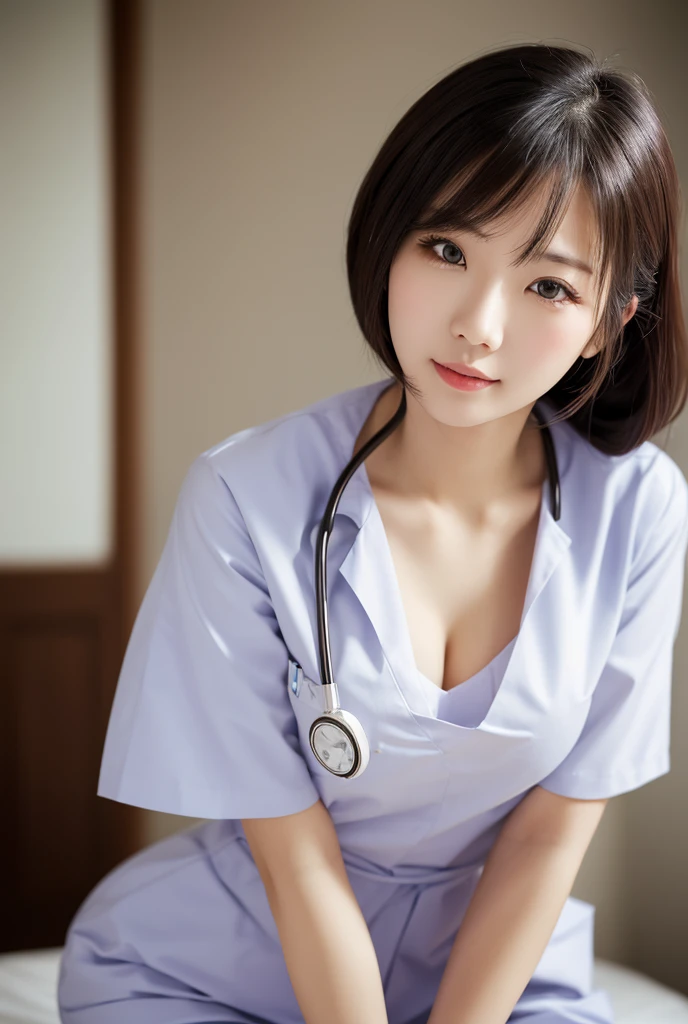 Beauty,  high quality, Complete, In detail, High resolution, 8k wallpaper, whole body, Perfect dynamic composition,  Beautiful attention to detail, Random poses, Charm, Alluring, 20 year's old, round face, nurse, hospital, cleavage
