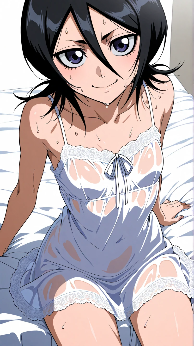 gorgeous lips, (masterpiece), (best quality), (ultra-detailed), very aesthetic, perfect composition, intricate details, absurdres, detailed face, (anime, masterpiece, intricate:1.3), (best quality, hires textures, high detail:1.2), zashiki-warashi, jet black bob haircut, kimono, expressionless, childhood, looking_at_viewer, blush, open_mouth, bangs, navel, hetero, lying, one_eye_closed, teeth, solo_focus, tongue, tears, on_back, armpits, clothes_lift, arms_up, bottomless, bed_sheet, pov, shirt_lift, trembling, camisole, tearing_up, (1boy, male, out-of-frame_censoring, implied_sex, tickling), shiny skin, (adult)