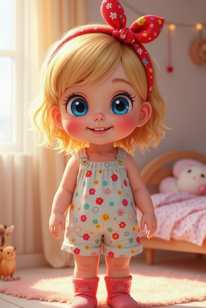 bebe junto a su cama y muchos juguetes, animado, feliz