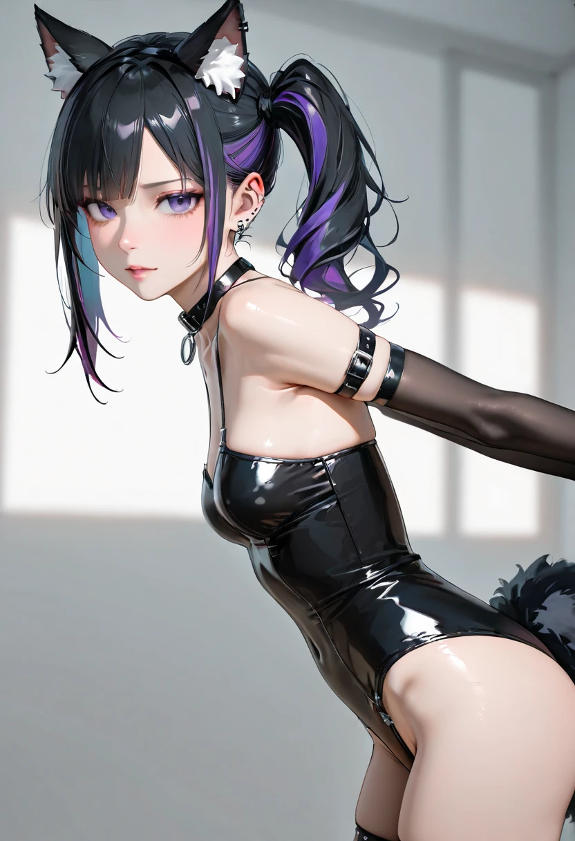 <lora:laundry_dragonmaid_v01:0.75>, laundry_dragonmaid, (dragon_tail), short twintails, ((1girl)), (ulzzang-6500-v1.1:0.4),  <lora:koreanDollLikeness_v10:0.2> , <lora:fashionGirl_v36Fix:0.2>, makeup,  (street) cowboy_shot, necktie, leotard, groin, see-through, wrist_cuffs, strapless, covered_navel, detached_collar, highleg, black_background, black_necktie, highleg_leotard, strapless_leotard, paw_pose, see-through_leotard, nontraditional_playboy_bunny, small_breasts