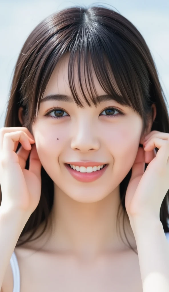 a woman,1 girl,black hair, hair bobbles, longeyelashes, solid circle eyes, light smile, mole under eye, piercing, light smile, shy, puckered lips, Surrealism, drop shadow, stereogram, ass pov, atmospheric perspective, depth of field, first-person view, f/1.8, 8K, super detail, ccurate, best quality, highres, best quality,full body,professional lighting,Cleavage