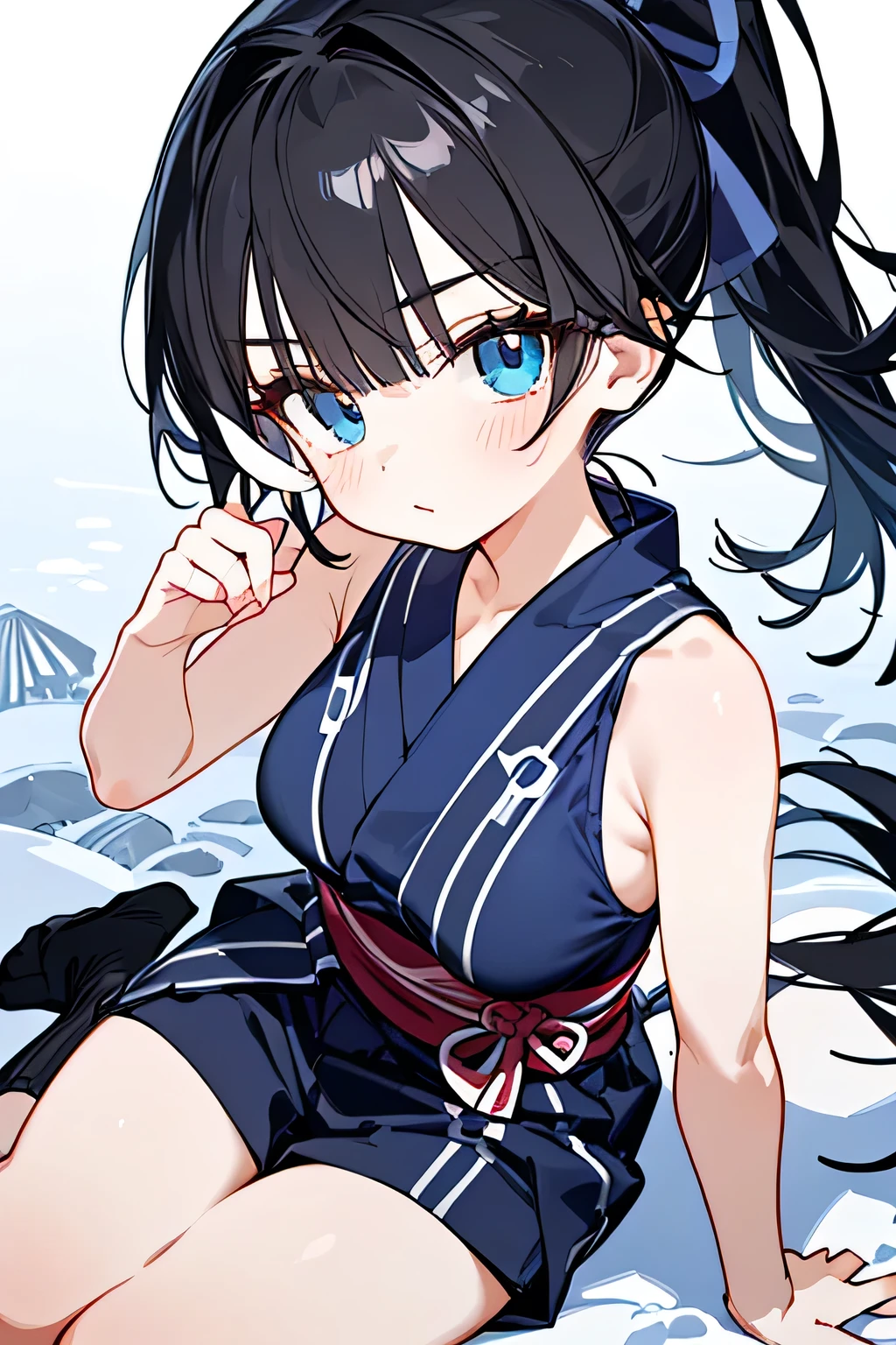 NINJA WIND，Beautiful girl，（cool x ponytail），Mysterious Atmosphere， natural body，Hand guard，（（Ninja costume＝Sleeveless x navy blue yukata））Black Shorts， socks，Detailed Clothes，（Slender Body，marshmallow breasts ，），BEAUTIFUL BLACK HAIR，Beautiful blue eyes ，well-groomed face，Clear Skin，Fair skin，Japanese face，