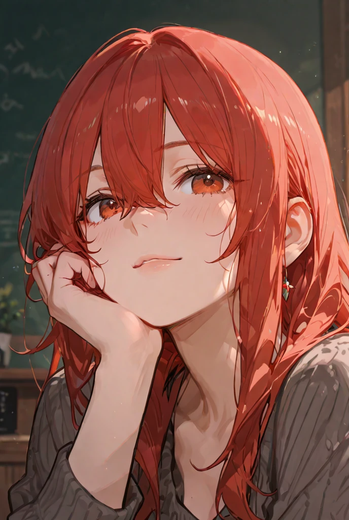 masterpiece, highest quality, movie stills, 1 girl, beautiful adult woman, 22 years old, redhead, long auburn straight hair, blent bangs, tousled hair, hair in front of the face, side braided ponytail, aquamarine green eyes, freckles, ((pointed ear)), ((one black horn in the middle of the forehead)), blush, sweat, covered in sweat, white shirt, cleavage, black lace skirt, black stockings, castle background、Sunset、beautiful sky, close, bright, Happy, warm and soft lighting, sunset, (spark:0.7), lace trim, silver neckless, beautiful legs