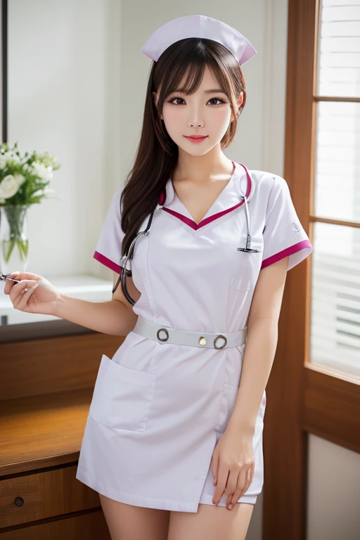 top-quality、8k、32k、masterpiece、UHD:1.2)、Photo of cute Spanish woman、女の子 1 人、(Short black hair)、(huge tit)、二重まぶた、Pink nurse clothes、Little White Nurse (caps) 、open-shirt、hospitals、Hospital room、A sexy