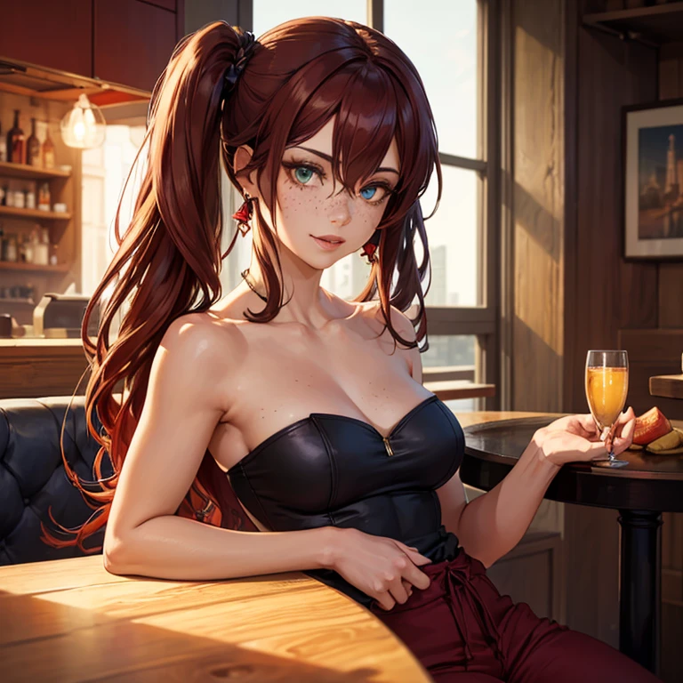 best quality, expressive eyes, perfect face, a young model in a pub. She is wearing lingerie. average height, long red hair, white and delicate skin, green eyes with brown spots, oval face, unforgettable smile, sweet and bright smile, raised corners of the mouth, seductive smile. perfection, cinematic, intricate, insanely detailed, niji style, vray tracing, global lighting, HDR, 32k, ponytail, elegant makeup, thot, shiny skin, sexy pose, cleavage