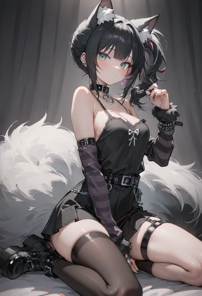SFW, (masterpiece:1.2),(highres:1.2),(highly_detailed:1.2),(1girl:1.5),mejiro_ramonu,(mature:1.5),horse_ear,horse_tail, smile,solobracelet,braid,black_skirt, jacket,two tune hair, (white_shirt), looking_at_viewer, sitting, (single_black_lace_trimed_thighhighs:1.2),green_and_white_long_sleeves rolled_up, cleavage,black_high-heeled_shoes,long_legs, cleavage, jewelry, single_white_lace_trimed_gloves, (asymmetrical clothing:1.5)