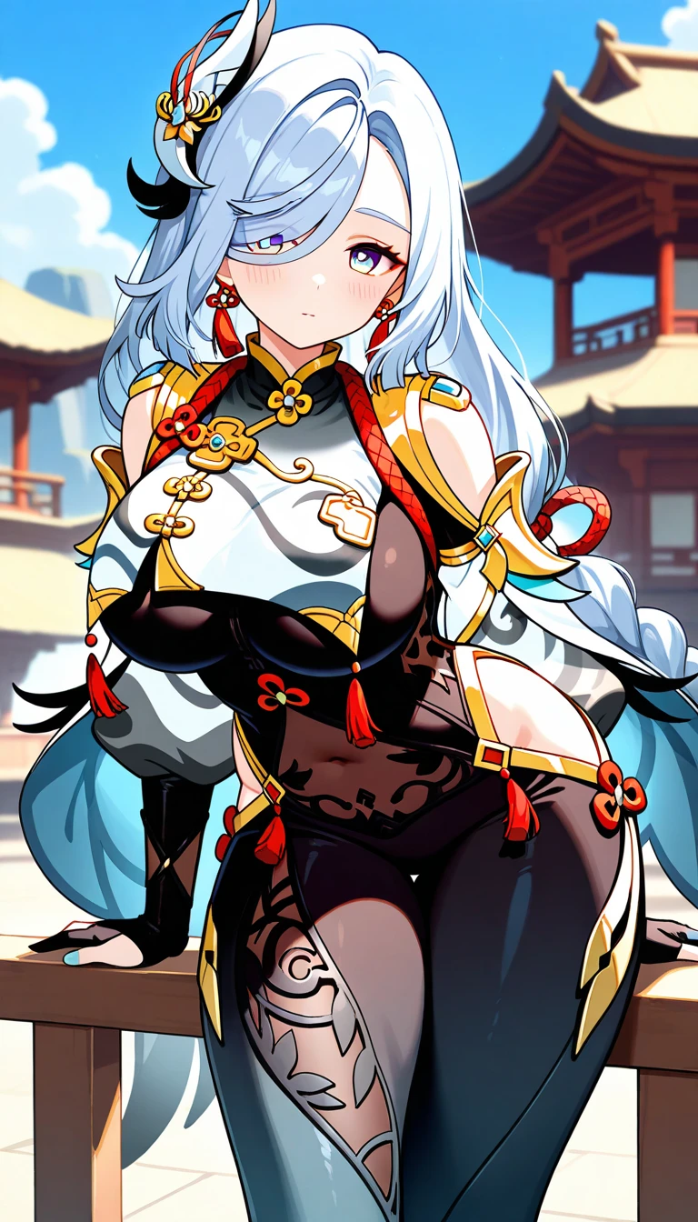Masterpiece, high quality, shenhe \(genshin impact\), genshin impact, big breasts, busty, sexy, wide hips, white hair, blue eyes, hair ornament, long hair, breast curtains, bodystocking, hip vent, outdoor, wet, shenhev4, thick thighs