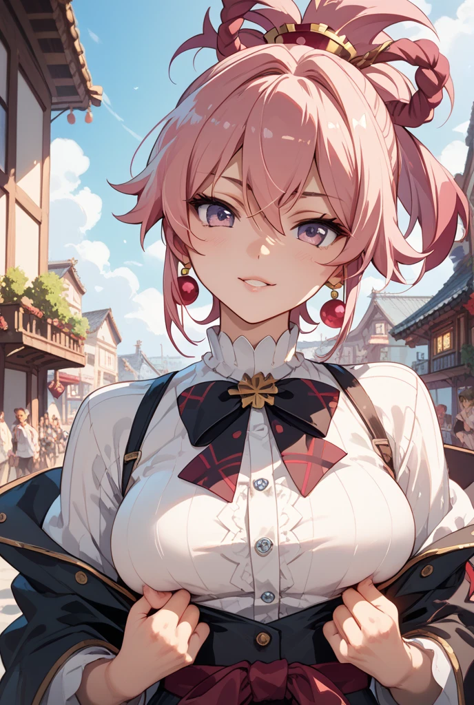 masterpiece, best quality, very aesthetic, absurdres, 1girl, mature_lady,,tareme,Neon pink hairbun / braided bun,Utility Jacket,Victorian - Characterized by ornate details, steep roofs, and asymmetrical facades.,blur background,background defocus