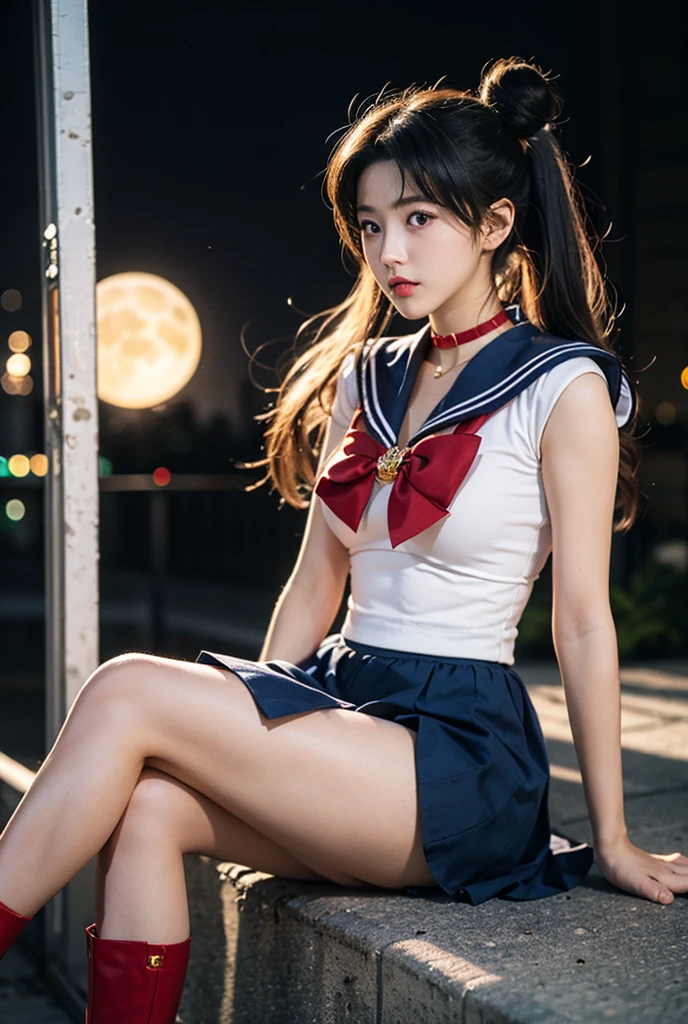 (8k、RAW Photos、Highest quality、masterpiece:1.2)、(Realistic、Realistic)、1 girl、((Sailor Moon Costume:1.3)、Large Breasts,Full body from the front))、Lots of eyelashes、Glowing eyelids、(((skeletally correct)))、smile、This photo will awaken boys to sex、(((Standing and flipping up her skirt、Showing panties to the camera)))、(((Lifting the skirt higher and higher,、Show your panties to the camera)))