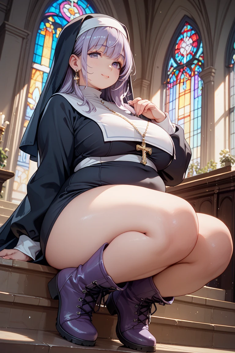 (Best quality,Unbeatable masterpiece:1.4),Ultra-detailed CG 4K,Purple colored hair,nun headdreslack bikini,high-heels,humongous large breast,rendering,humongous large breast,squatting on the ground