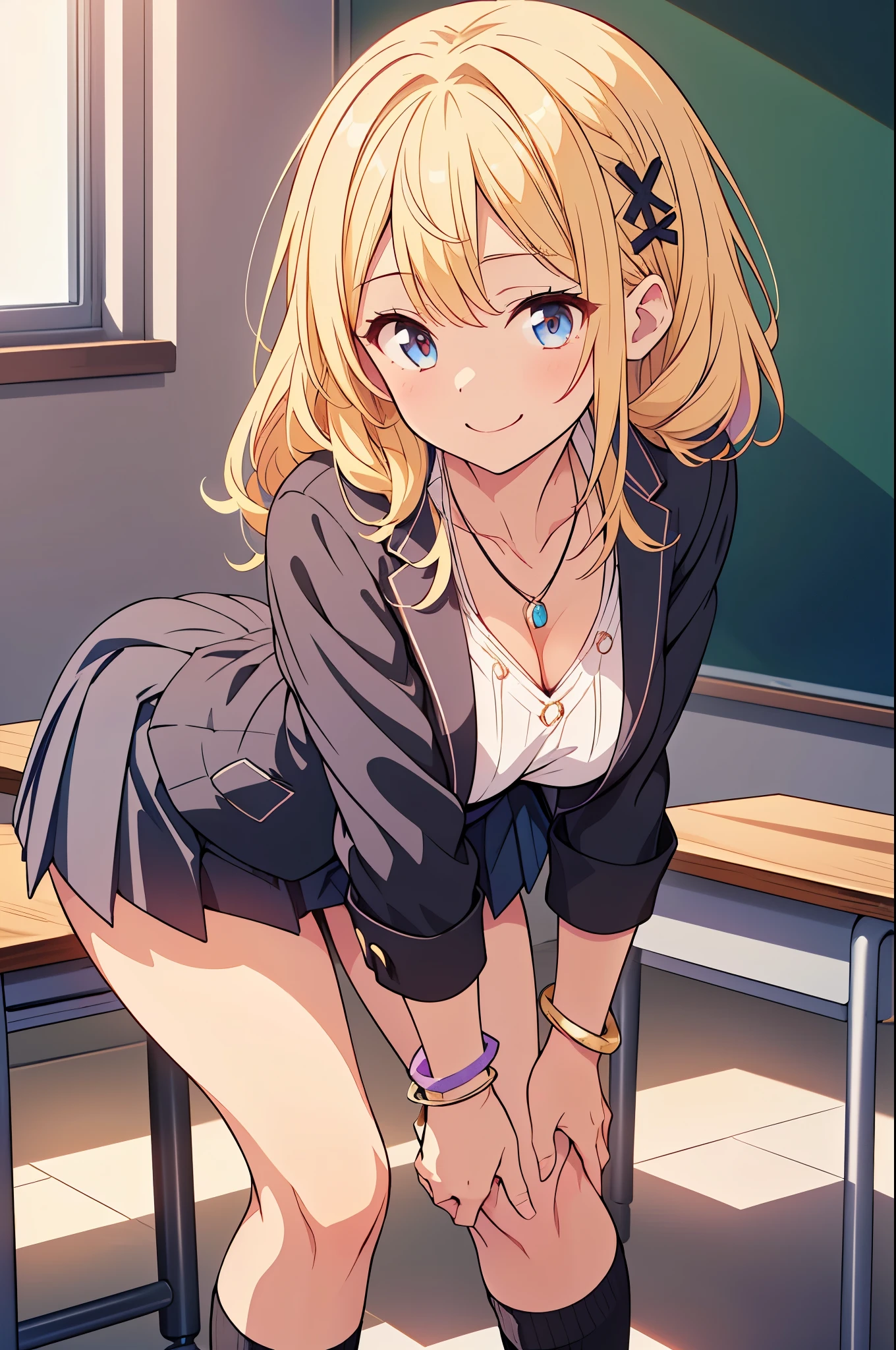 best quality, (masterpiece:1.2), detailed,
1girl, solo, expresionless, closed mouth,
blonde hair, blue eyes, side ponytail, scrunchie, 
school uniform, cardigan around waist,
sitting, looking at the viewer, official outfit,
classroom, window,  (white panties, panties pose, upskirt:1.3),