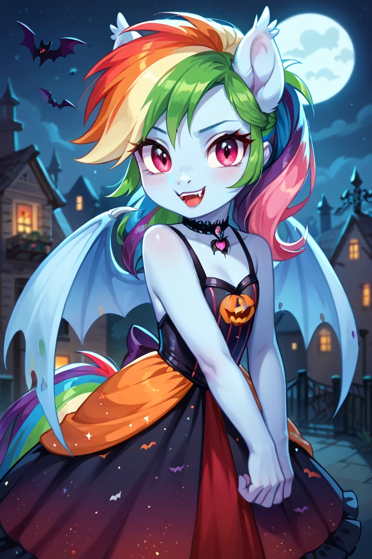 (derpibooru_p_95), Fluttershy, (anthro pony, bat pony:1.4), (small wings, detailed fluffy yellow fur, pink hair, open mouth, fangs, smile, tail, legs, slit pupils), (witch hat, dress), (outdoor, sitting on a giant pumpkin, dark forest, halloween), <lora:GoodHands-beta2:1>