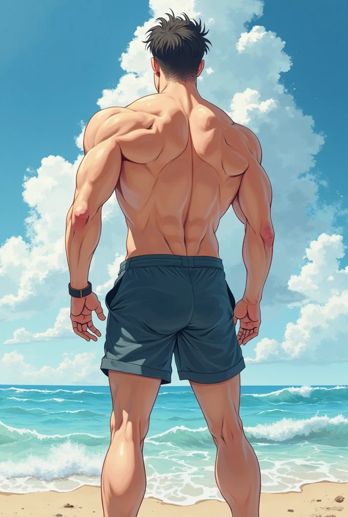 Anime guy about 15, shirtless, with blue eyes and white hair, muscular, 6 pack abs, with white shorts, on the beach