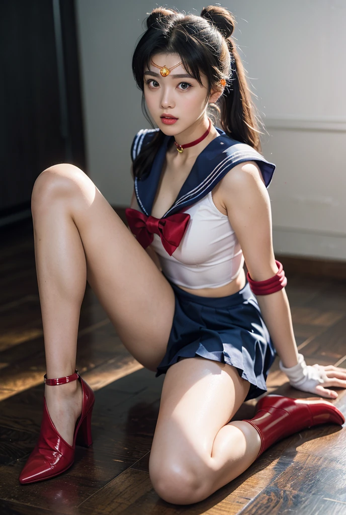 1 girl,long hair, (high quality,8K,black hair, realistic, 最high quality,masterpiece,Super detailed, disorganized)1.5,((Summer 1, tiara, Sailor Senshi Uniform, white gloves, Red sailor collar, red skirt)),City of night,white gloves,purple ribbon,purple eye, (magical world,fire),high heels, (full body photo, doing squats:1.5), huge breasts, smile,pantyhose