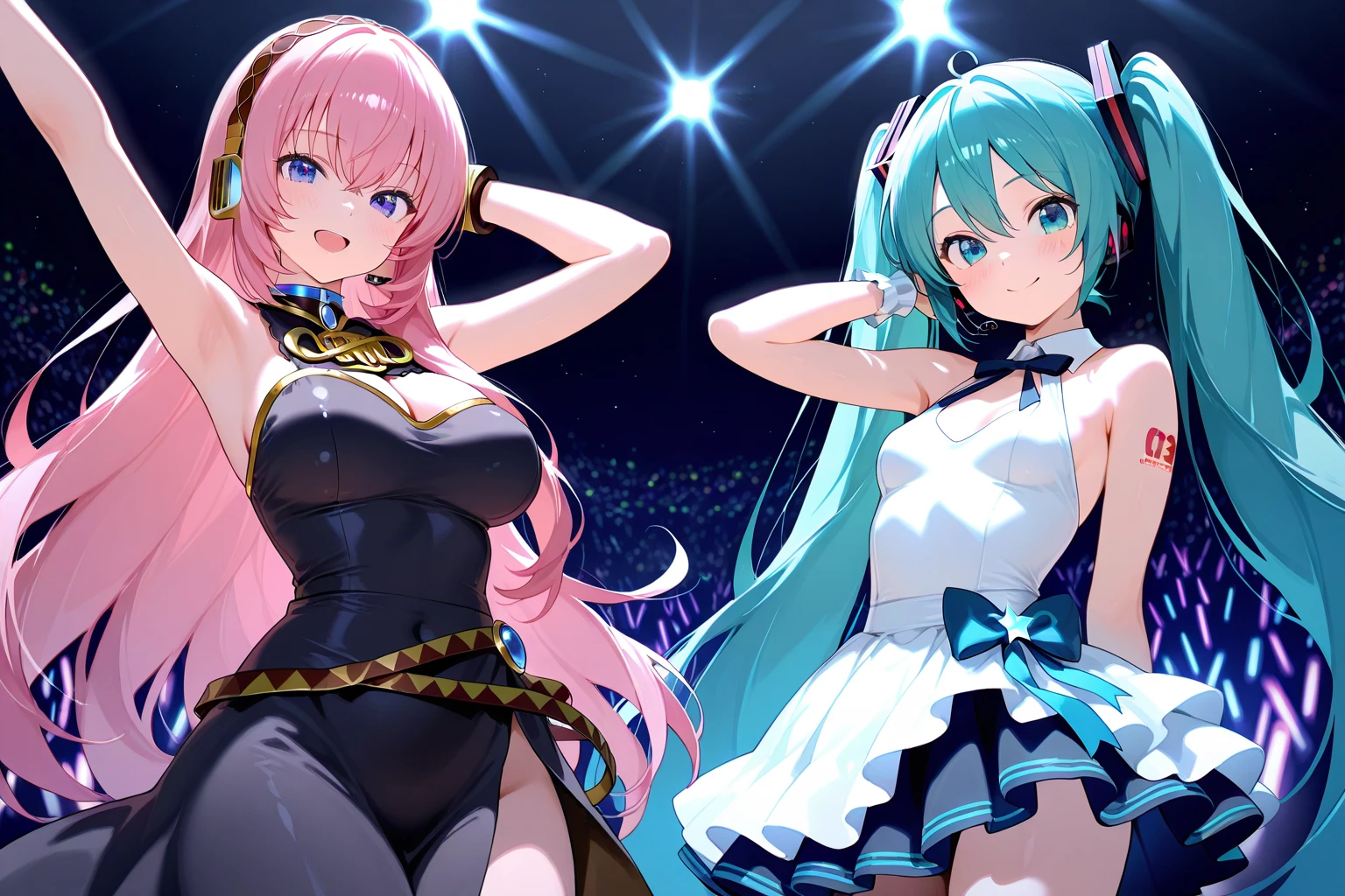 Masterpiece, super high quality anime style illustration, 8K, huge stage event in the dome. Very beautiful 20 year old idols, two beautiful girls dancing smiling, blue eyes, pink lips, laughing, flashy colorful outfits, revealing clothes, cleavage, navel visible, attractive hips, cute ass, voluptuous thighs, beautiful legs. Shot from the chest up.