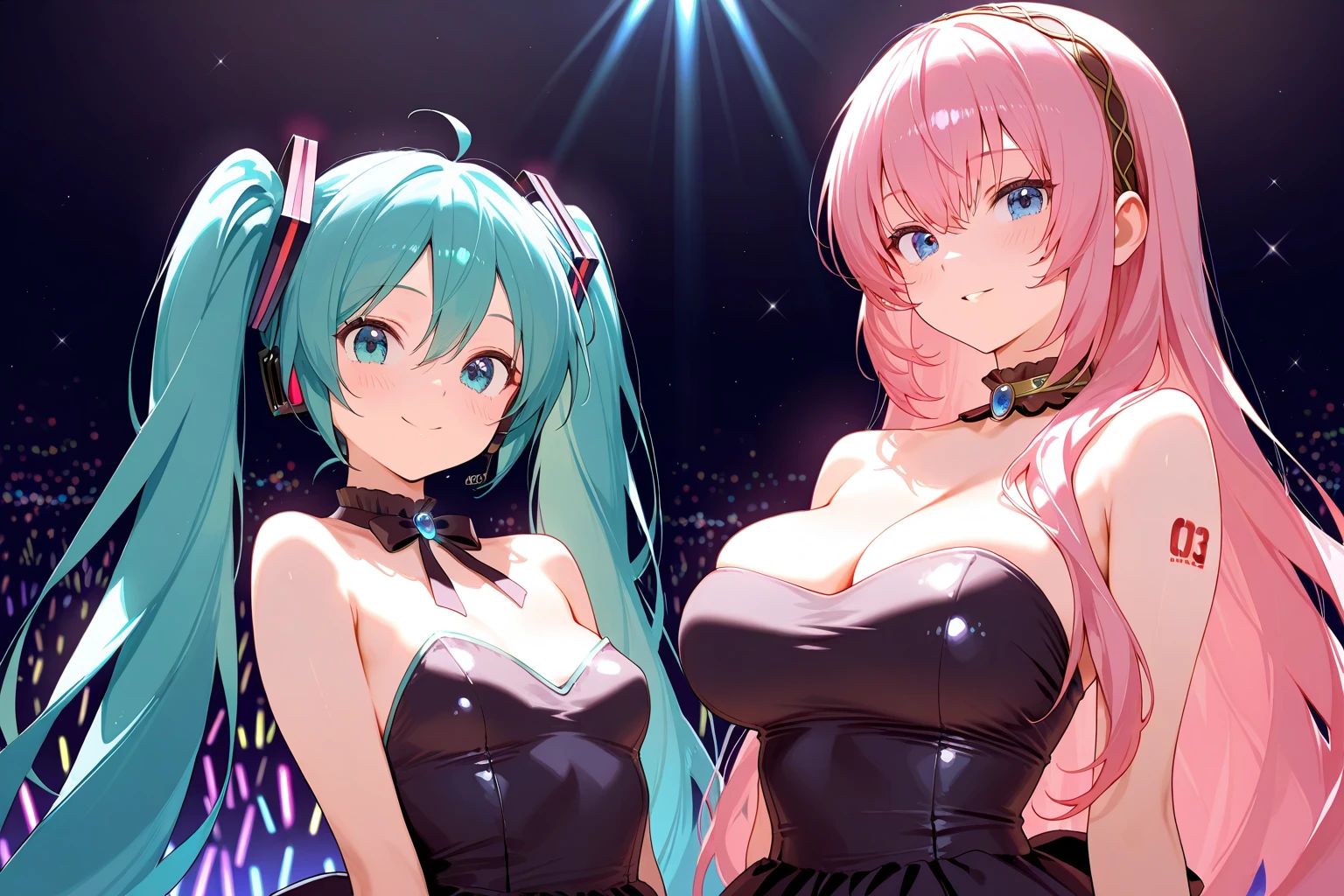 (masterpiece, best quality), best resolution, (2heads:1.5), 1girl, kokomi character, two-headed girl with((18year old, two heads, heads are positioned next to each other on one body, identical faces, fused necks, tattered clothing, white tube top, Black short-sleeved hoodie, White pants, Best Bust, Bust 85, extremely long pink hair on both heads, cyberpunk style clothing, Blue eyes, open chest wide, Happiness, Sweating, Chain Accessories, During the dance、お腹に♡のペイント))hiquality, visualart,