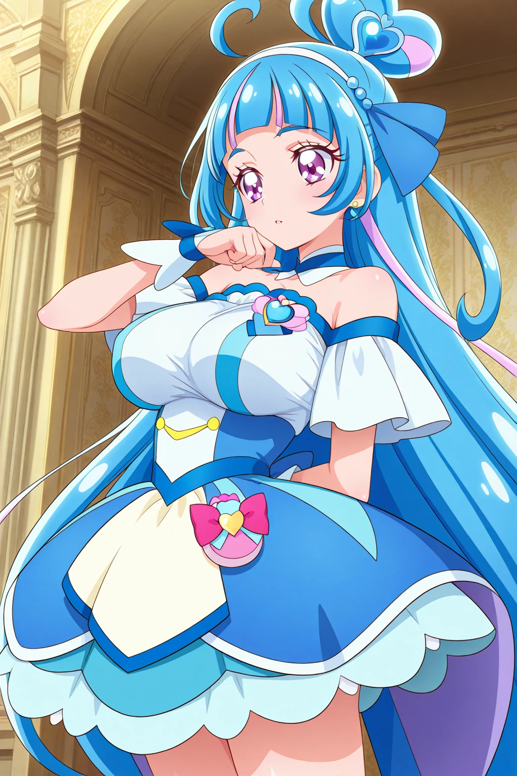 Cure Sky, dress, Twin tails, Gradient Hair, Ahoge, Blunt bangs, Wings on the head, Fingerless gloves, White shirt, Puffy sleeves, Cape, Knee socks, blue legwear, gem, Single earring, One girl, alone, Upper Body, In-person audience, (View your viewers:1.5), in the center, smile,Open your mouth wide、stick out a long tongue from the mouth、Big Breasts、Cleavage、Pull up your skirt and show your panties、Sexy Panties、
