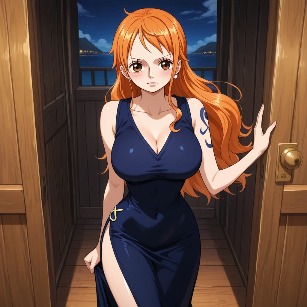 score_9, score_8_up, score_7_up, score_6_up, score_5_up, score_4_up, BREAK source_anime, 1girl, nami, one piece,dress,undressing,facing viewer,nsfw