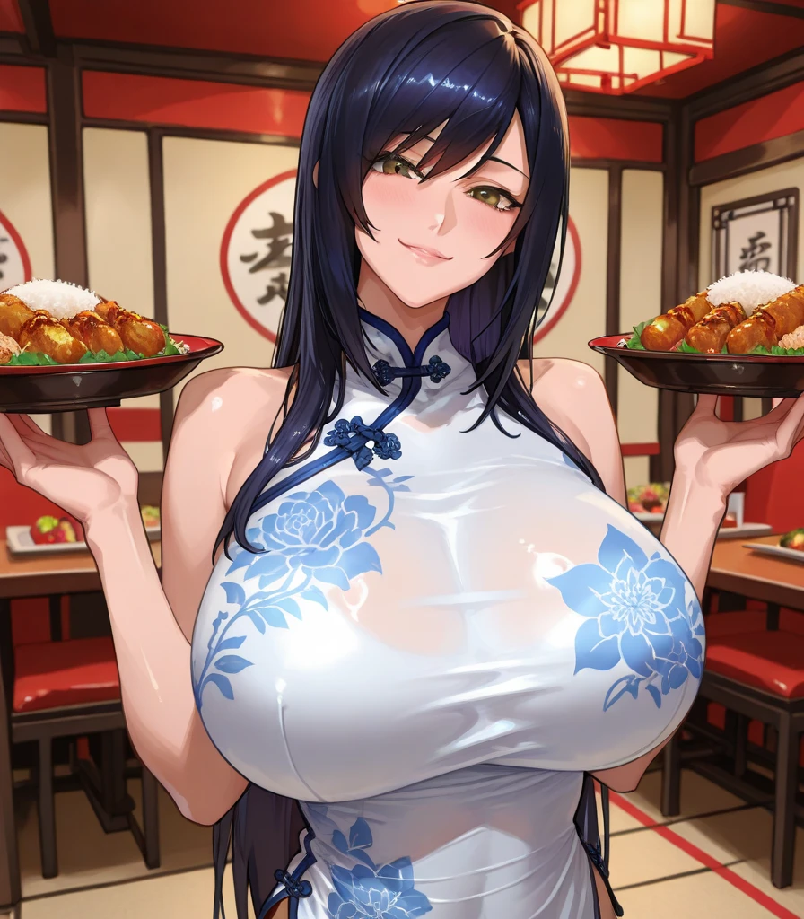 (((Her chest rests on a large tray carrying food.)))、(((A red cheongsam with no fabric only on the chest area)))、High-definition images, atmospheric perspective, 8K, Super detailed, Accurate, highest quality, single shot, 1 Japanese girl、The whole body is shown、(((Completely naked))),(white skin),(highest quality), very delicate and beautiful, very detailed, 8k wallpaper, wonderful, finely, very detailed CG uniformity, High resolution, soft light, beautiful detailed 19 year old, very detailed目と顔, beautifully detailed nose, finely beautiful eyes,short hair,cinematic lighting,perfect anatomy,very big breasts、heavy chest,(J cup),slender body、Bright Chinese restaurant、Chinese cuisine、smile、(hair is dirty, asymmetrical bangs, light brown hair),(((My whole body is wet with sweat)))、(((expose both nipples)))、(((expose big breasts)))、(((Her chest rests on a large tray carrying food.)))、(((Her chest rests on a large tray carrying food.)))、
