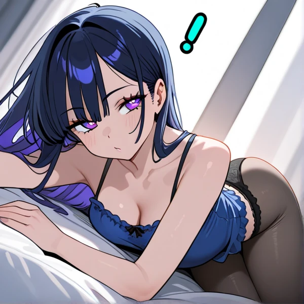 ((NSFW:1.4, masutepiece, Best Quality, hight resolution, nffsw, Perfect Pixel, depth of fields, 4K, nffsw, nffsw))), 1girl in, Single, Solo, Beautiful anime girl, Beautiful Art Style, Anime Character, ((Long hair, Bangs, dark brown hair, hair messy:1.6, Curly hair:0.8)), ((Curly eyelashes, Realistic eyes)), ((Detailed face, Blushing:1.2)), ((Smooth texture:0.75, Realistic texture:0.5, Anime CG style)), ((medium breasts, cleavage)), Indoor, Bedroom, Dynamic Angle, busty, Perfect body, Dynamic Pose, Armpit, Hands up, ((Falling asleep in bed, Supine, sleepy, Closed eyes, lyin in bed, Sleeping Pose)), ((close up, POV, Cute, Shot in the face, The look of sighs, Awaken)), ((Purple Bra Color, Purple Lingerie, Single Diamond Necklace)), (Natural light, light reflections, morning)