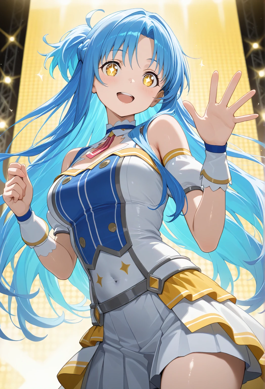 (Perfect body),Best Quality,(8K Portrait),(Official art)、((NSFW))、(((Lori)))、((Short stature))、((:D))、1girl in,(blush),(Sweat),(((flat chest)))、(thick thighs)、(big butts)、((Blue hair))、(Long hair)、(((Twin-tailed)))、Yellow Ribbon、((White and light blue leotard))、 ((Yellow ruffles))、(yellow  eyes)、Hands behind the head、Armpits、(spreading legs)、Cowboy Shot、Electronic space、(There is a star-shaped stick on the right hand.......)、(Peace sign with left hand in front of face)、dynamicposes