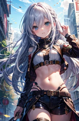 (masterpiece, best quality, detailed), 1girl, solo, furina, white hair, streaked hair, blue hair, blue eyes, looking at viewer, small breasts,
magical girl, twintails, white choker, white thighhighs, earrings, elbow gloves, heart brooch, pink bow, midriff, outdoors, rooftop, day, cityscape, blue sky, cloud, scenery, railing, fighting stance, (clenched hands), legs apart, pout, nose blush
